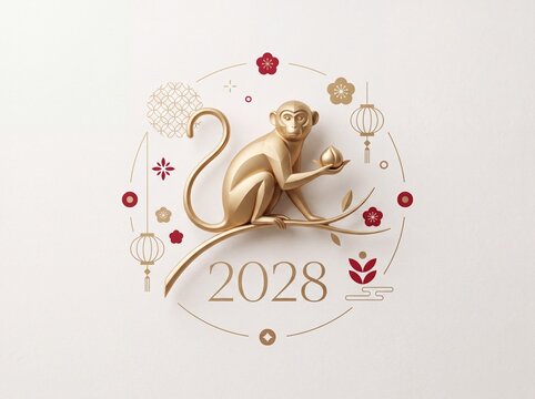 Modern minimalist Chinese zodiac concept for 2028 featuring a graceful monkey as the central figure, with the text "2028" surrounded by subtle geometric red and gold festive elements