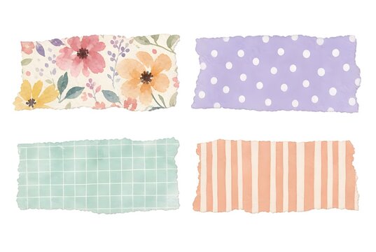Watercolor ripped paper strips with floral and geometric patterns
