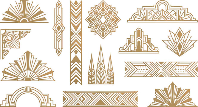Elegant golden art deco ornament vector set featuring geometric borders gatsby style dividers frames and luxury architectural design elements