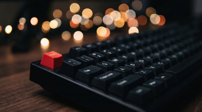 Mechanical keyboard with a red escape key rests on a wooden desk with bokeh lights softly glowing behind.