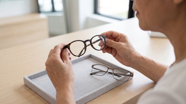 presbyopia woman stress fatigue concept. Examining glasses on a table with a focused expression.