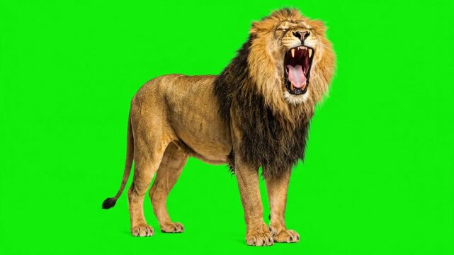 Adult male lion roaring with open mouth on green screen backdrop for creative visual effects projects.