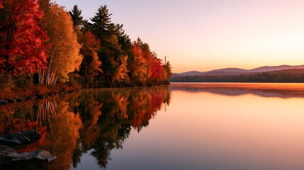 Obraz premium Stunning autumn forest with bright red and orange trees reflecting in a mirror lake
