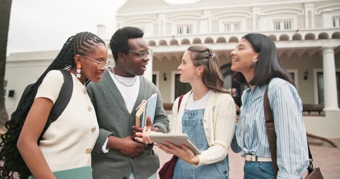 Happy, students and talk in college with tablet, online test results and satisfaction for pass mark. Education, people and smile outdoor at university with tech, email and good news for exam grade.