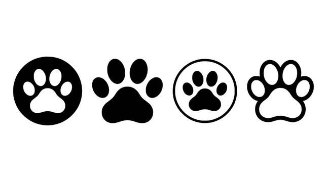 Set of four different black and white animal paw print design icons
