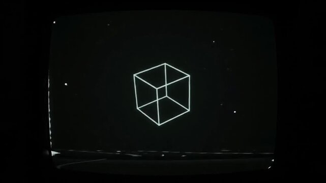 Retro CRT television screen displaying white wireframe cube and static