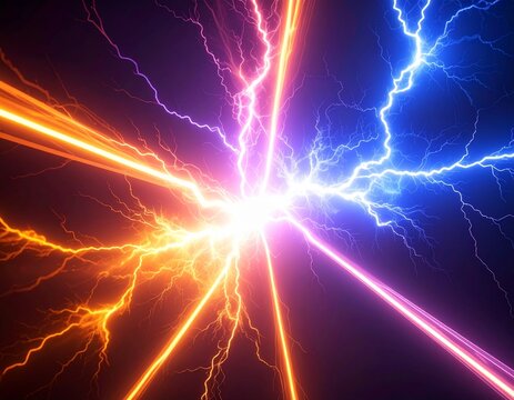 中央で激突する雷、赤と青の相反する属性エネルギーが炸裂するインパクトのある爆発・電撃背景素材｜雷,電撃,光線,エネルギー,発光,背景｜Explosion of colliding red and blue energy forces, powerful lightning bolt and fire blast background