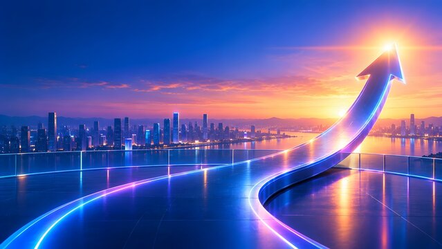 Huge glowing neon arrow pointing upward towards the sky above a modern city skyline symbolizing rapid economic growth and business success.