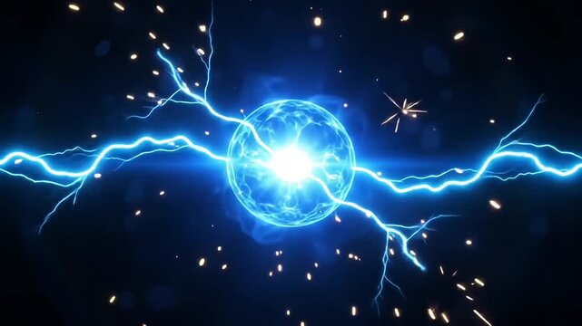 Blue plasma sphere discharging electric arcs and glowing sparks in spa