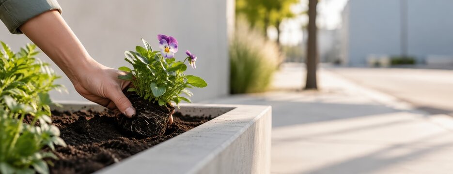 planting flowers in a planter