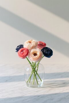 Glass vase with ranunculus bouquet on marble table with soft sunlight for elegant background and poster design