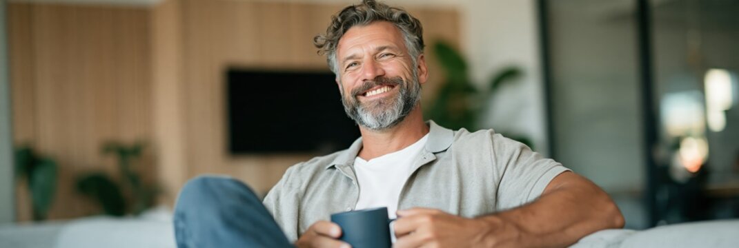 Smiling middle aged man holding a coffee mug on a sofa in a cozy living room for lifestyle and wellbeing banner background for home office and relaxation