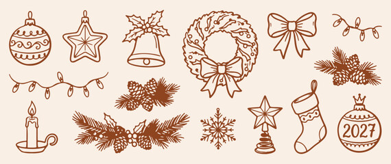 Obraz premium Christmas wreath and bells seamless pattern, holiday botanical line art background, festive pine cone repeat texture, winter seasonal doodle wallpaper, Christmas bell illustration, celebration textile
