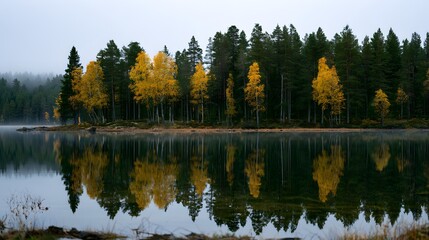 Fototapeta premium Stunning autumn view of golden birch trees along a tranquil forest lake with misty water reflections