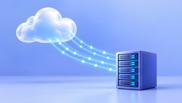 3D glass cloud computing symbol connected to server rack with glowing light lines on blue background