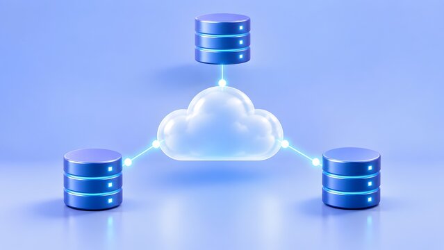 3D illustration of cloud computing network connecting multiple database servers with glowing lines on blue background