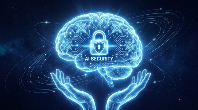 Artificial intelligence security and data protection, digital human brain model protected by a glowing padlock symbol