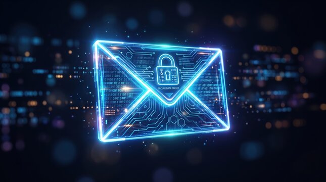 Glowing neon envelope with a lock icon representing email security, data encryption, and cyber protection on digital background.