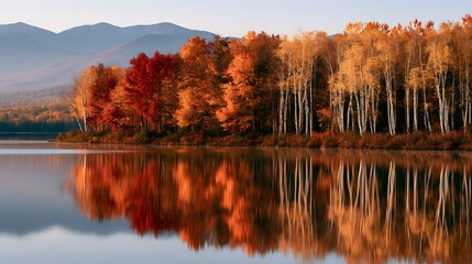 Obraz premium Stunning autumn foliage and birch trees along a serene lake with mountain view