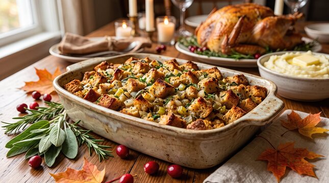 Delicious homemade stuffing in a baking dish with blurred thanksgiving dinner in background