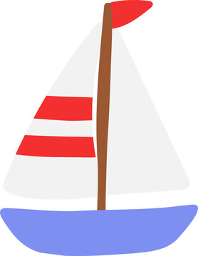 Cute blue sailboat with red and white striped sails and a small red flag vector illustration isolated on transparent background.