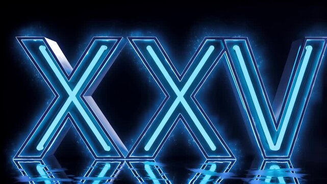 Glowing Neon Roman Numerals Xxv Illuminate Dark Reflective Surface Cinematic Futuristic Branding Concept