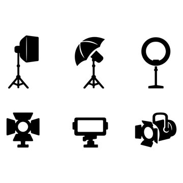 Professional Lighting Equipment Solid Black Silhouette Icon Set