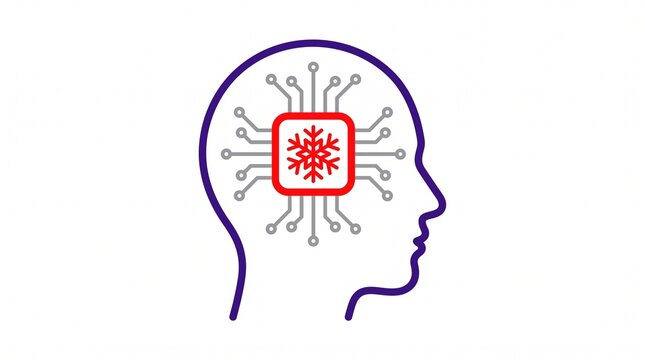 Artificial intelligence and digital cold storage, icon of a human head with a circuit board processor and snowflake symbol