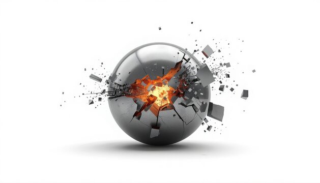 Exploding metallic sphere with inner fire and flying debris exploding ball shattered metal abstract explosion broken orb fire inside kinetic energy white background digital art 3D render