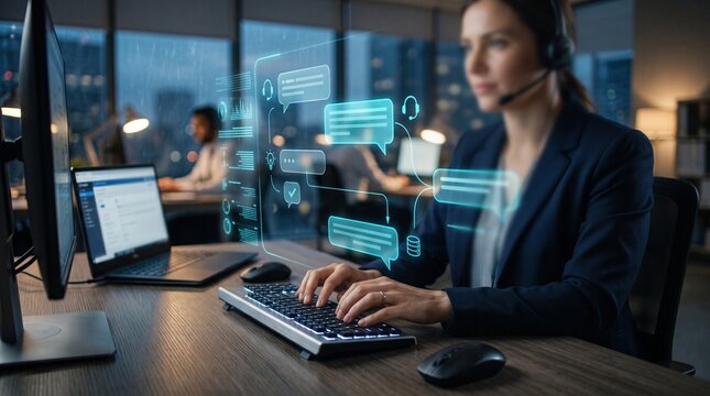 Customer service agent using digital holographic chat interface inside a modern office workspace with glowing blue UI icons for support