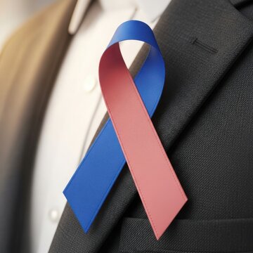 Pink awareness ribbon on dark fabric background