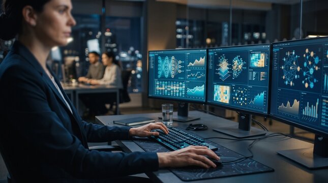 Professional software developer analyzing complex data visualization graphs and neural network architecture on triple computer monitors in modern dark office