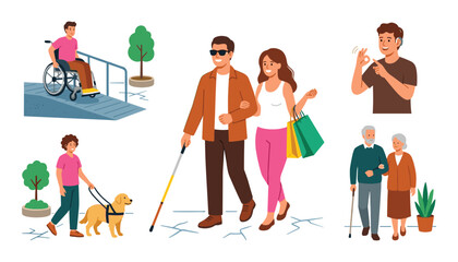 Fototapeta premium Disabled and Elderly People Vector Illustration Set with Wheelchair Ramp Blind Person Guide Dog Sign Language and Senior Couple Isolated on White Background