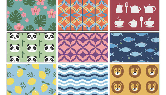 Collection of nine diverse seamless pattern swatches featuring colorful floral, geometric, animal, and food designs.