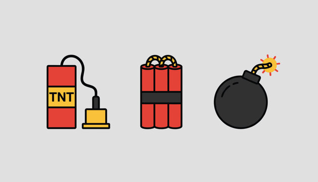 Collection of cartoon explosive graphics including a red TNT stick, a dynamite bundle, and a black round bomb.