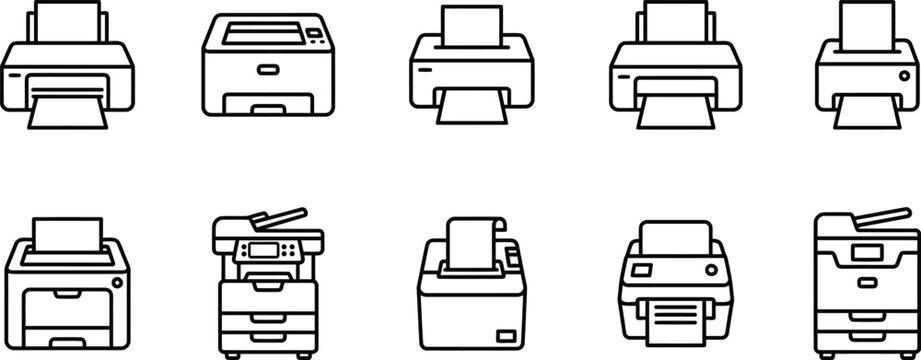 Collection of various office printer and scanner line art icons on white background