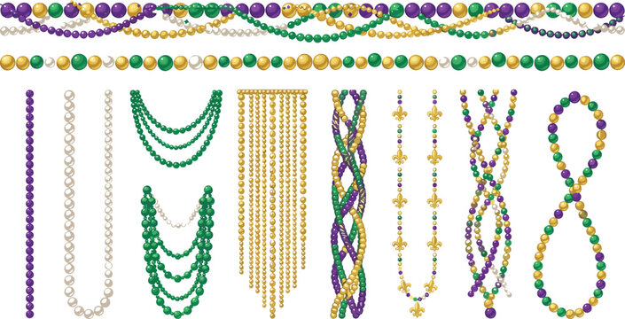 Mardi Gras Carnival Beads Vector Illustration Set featuring Traditional Festive Necklace Strands Garlands and Borders for New Orleans Celebration Graphic Designs