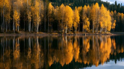 Obraz premium Golden autumn birch trees reflected perfectly in tranquil lake water under a clear sky, serene fall landscape