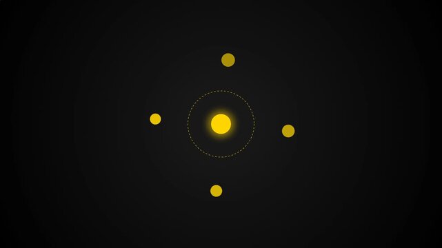 Clean and modern digital graphic featuring a central luminous yellow sphere surrounded by four symmetrical satellite circles. Faint concentric rings define orbital paths against a deep dark backdrop, 
