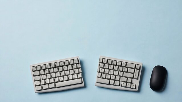An ergonomic keyboard split into two halves and a computer mouse are placed on a pastel blue surface, suggesting a setup designed for comfort and efficiency.