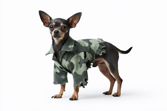 Dog standing in tattered grey zombie costume for Halloween