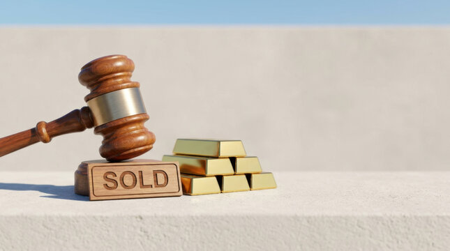 Gold price surge beside auction gavel and sold sign, symbolizing rising value, market demand, financial success, and competitive bidding