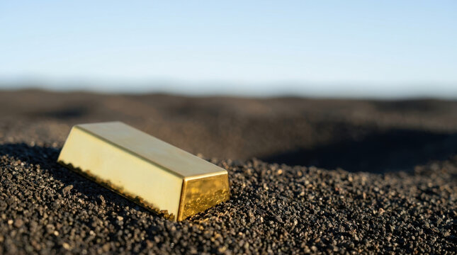 Gold price surge inspires optimism across barren landscape, with gleaming bullion bar resting on dark volcanic sand