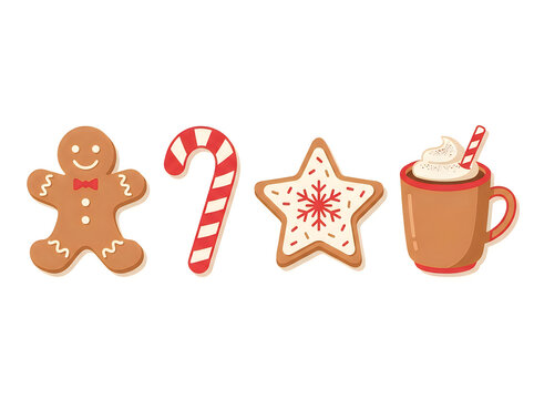 Christmas gingerbread man candy cane star cookie and cocoa