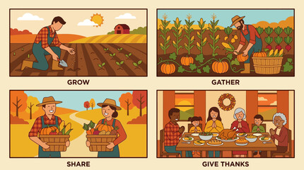 Fototapeta premium Seasonal harvest cycle from planting to gratitude in rural setting