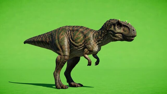 Carnivorous dinosaur walking across a bright green screen backdrop