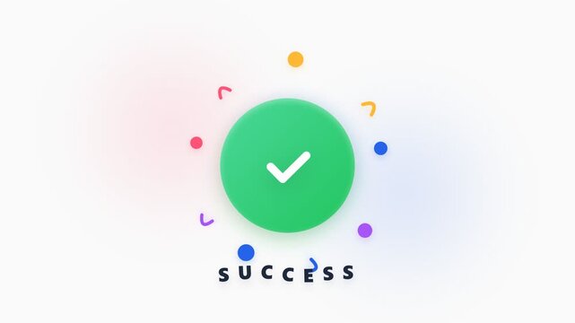 A vibrant green circular icon featuring a white check mark signifies positive completion of tasks while colorful geometric shapes scatter around the emblem to symbolize high levels