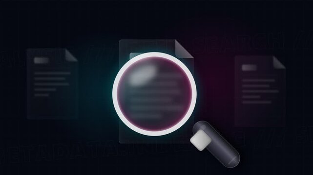 A magnifying glass hovers over a digital document as an investigative tool to analyze specific text contents while other files remain visible for comparison during professional data auditing