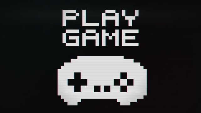 A vintage console interface shows the words play game rendered in a classic square pixel font style to evoke nostalgic memories of early home entertainment systems for devoted interactive