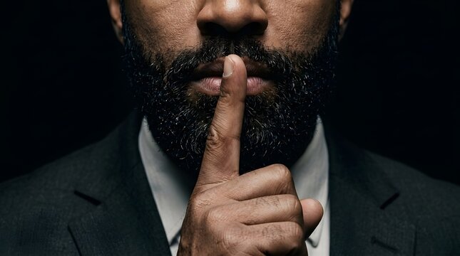 Man with beard making shush secret gesture
